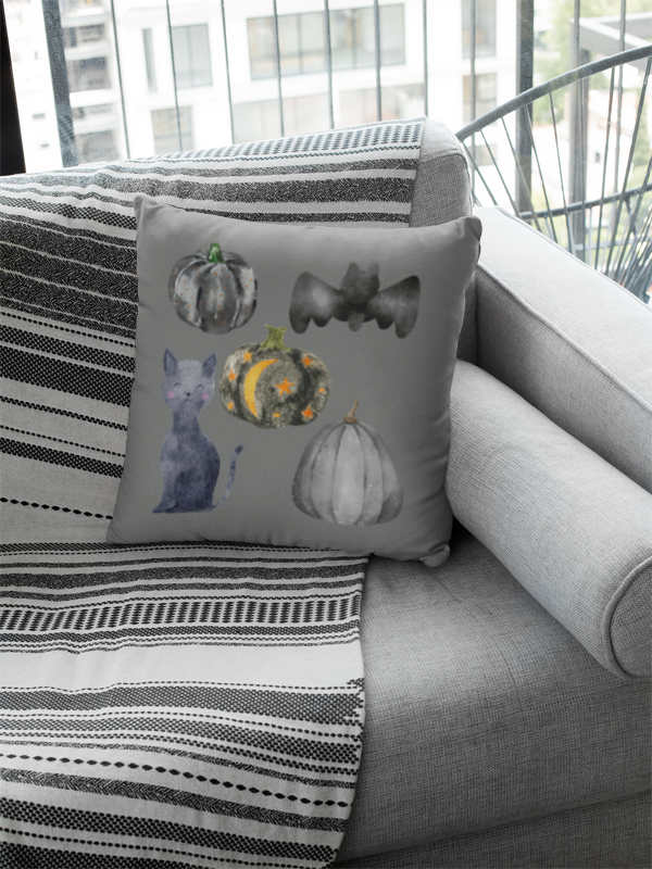 Bat Pumpkin Pillow, Gray Pumpkin Pillow, Watercolor Halloween Pillow, Black Gray Halloween Pillow, Minimalist Halloween Pillow,