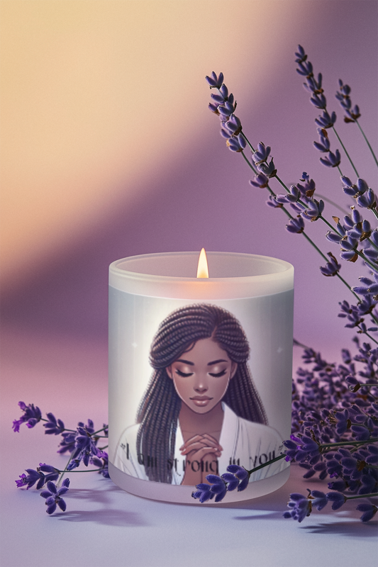 Frosted Religious Glass Candle, 11oz - Young Lady Praying Glass Candle
