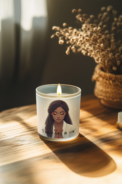 Frosted Religious Glass Candle, 11oz - Young Lady Praying Glass Candle